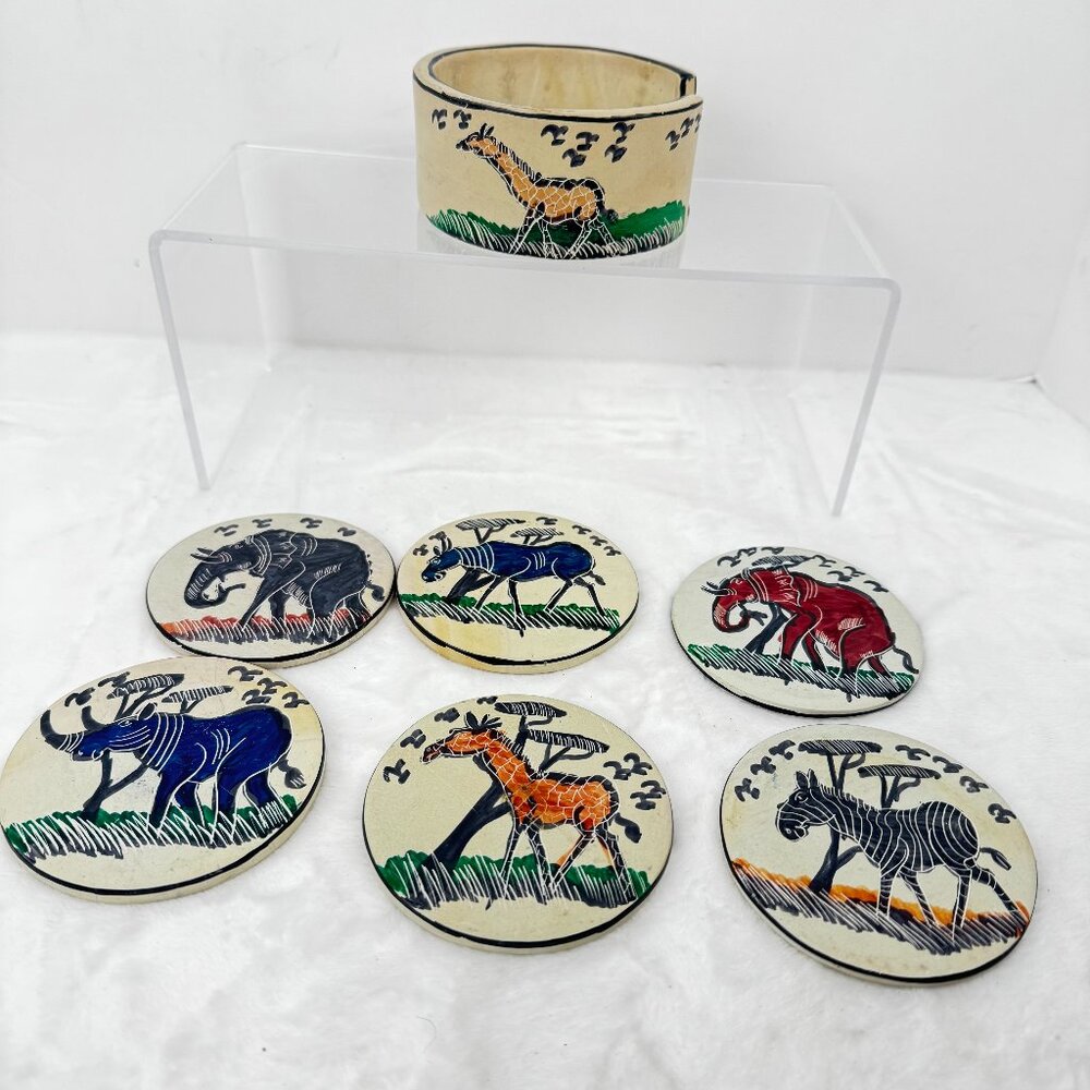African Soap Stone 6 Coaster Set with Holder Hand Painted Safari Animal Art